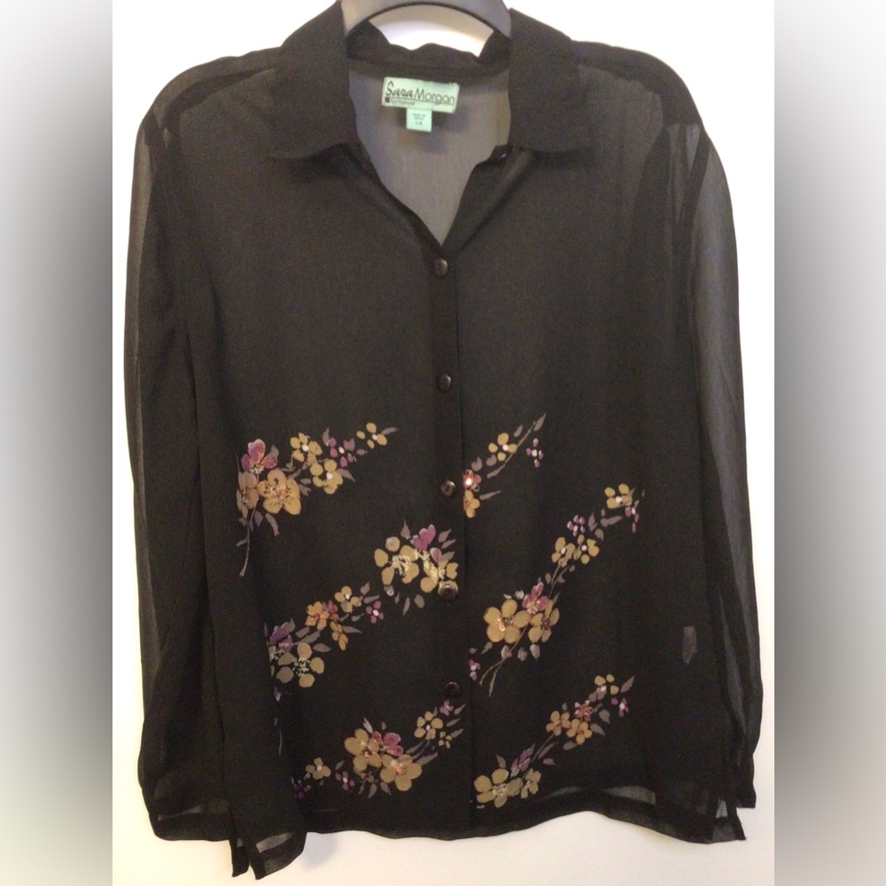 Sara Morgan black sheer floral blouse size large